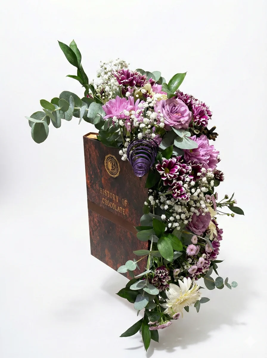 Kitap Kutuda Mor Gül ve Papatya Aranjmanı - Görsel 1