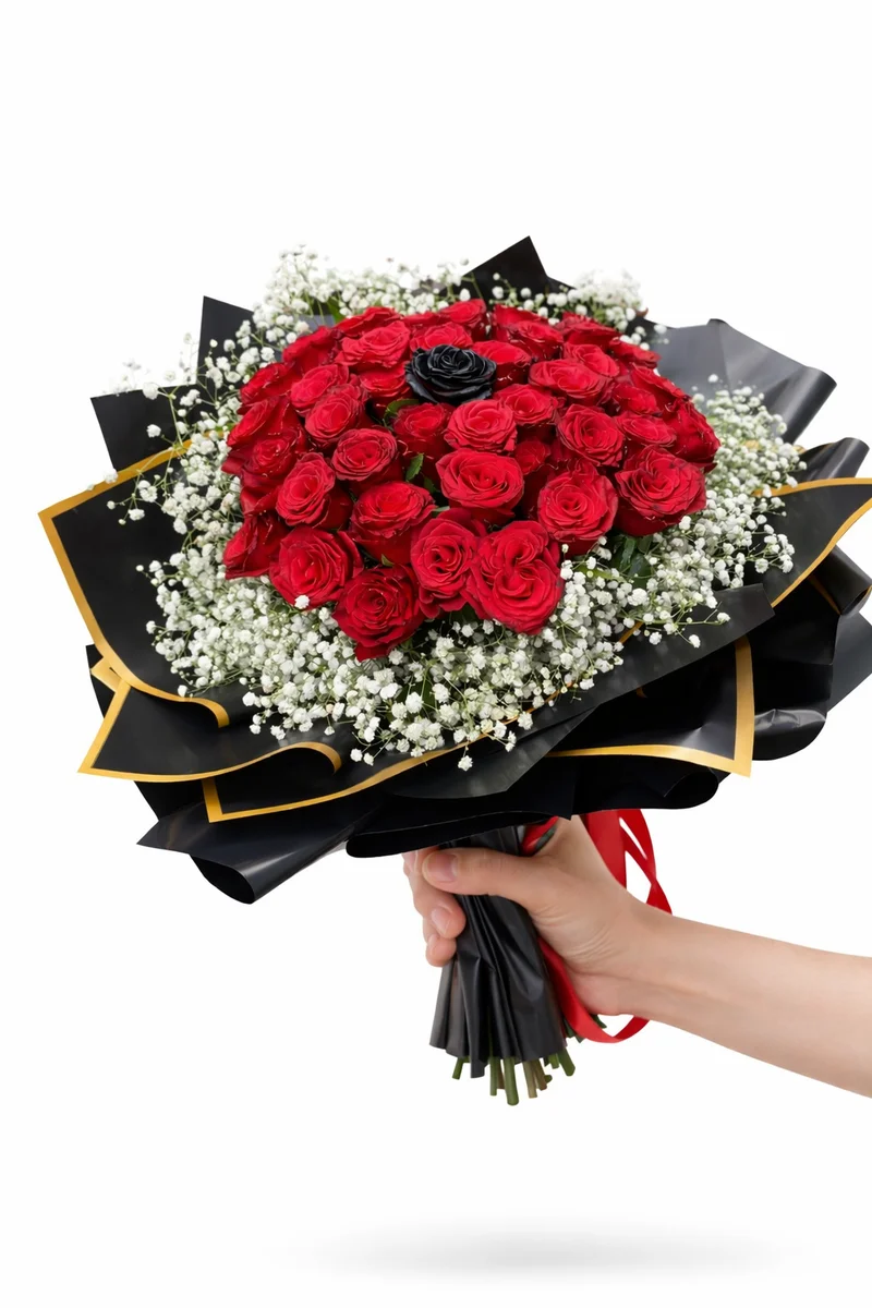 Ortası Siyah Güllü Lüks Kırmızı Buket - Görsel 1
