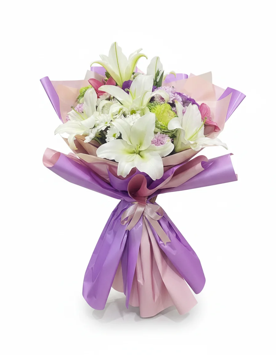Mor Ambalajlı Beyaz Zambak Buketi - Görsel 1