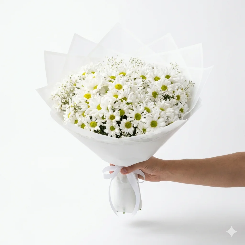 Bembeyaz Kağıtlı Sade Papatya Buketi - Görsel 1