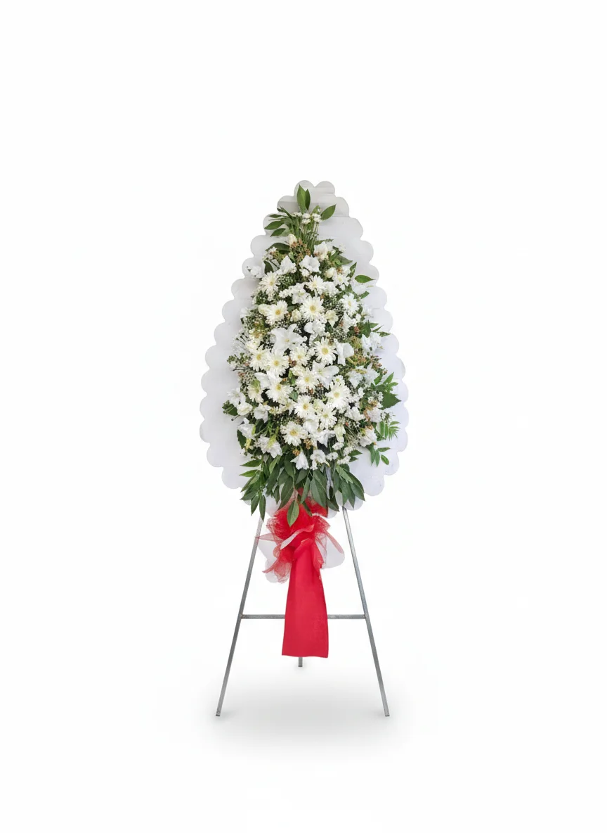 Kırmızı Kurdeleli Asil Beyaz Çelenk - Görsel 1