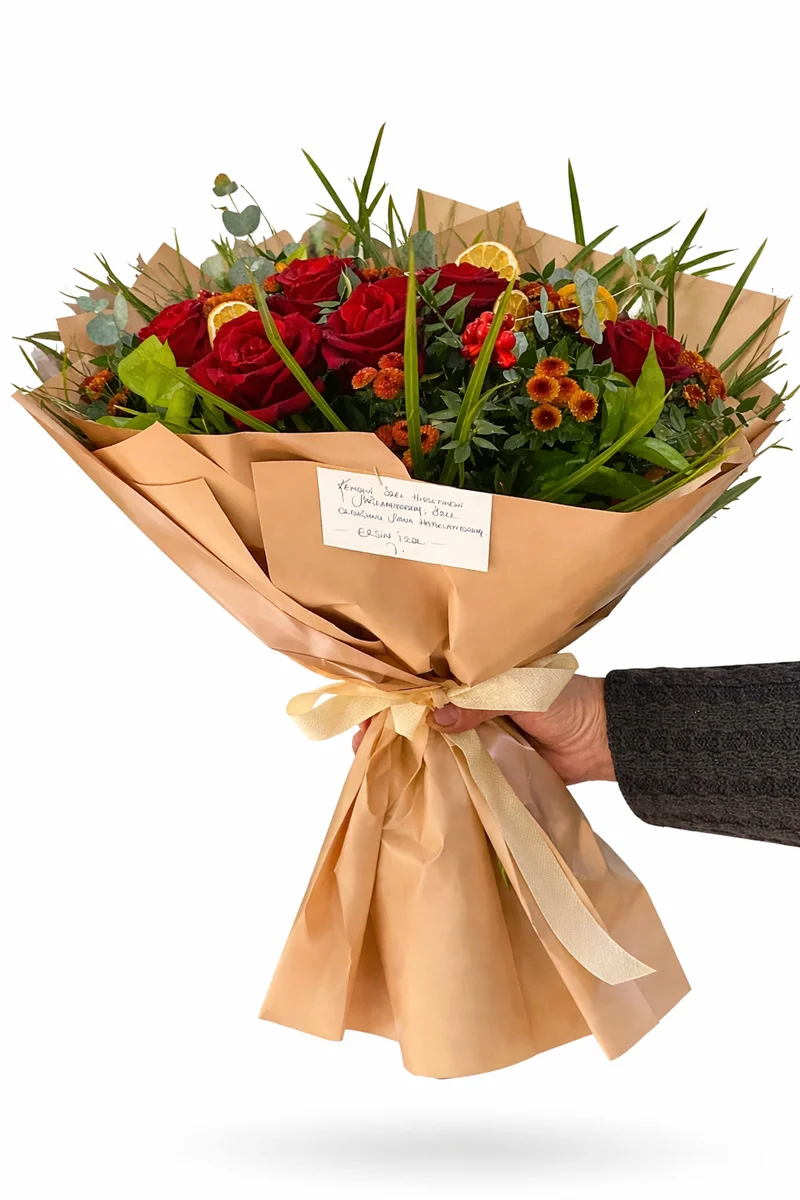 Portakal Dilimli Doğal Kırmızı Gül Buketi - Görsel 1