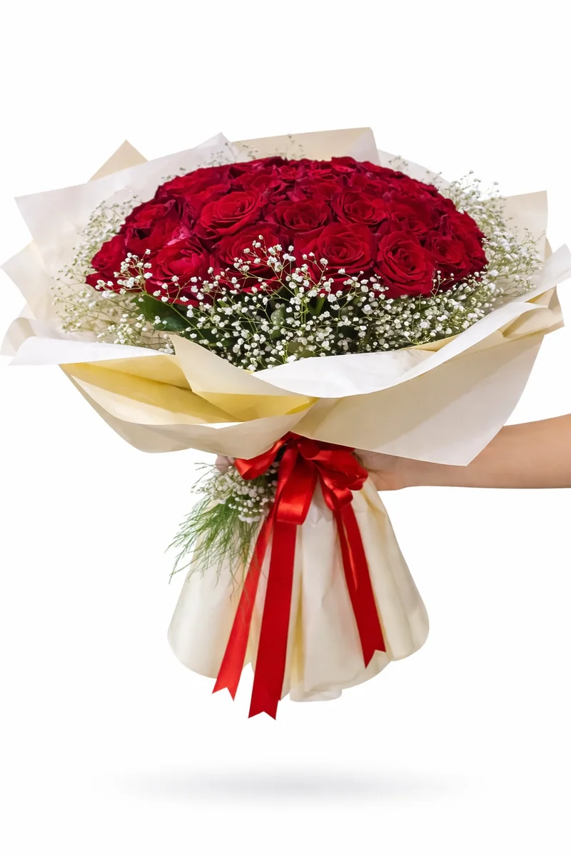 Beyaz Ambalajlı Kırmızı Gül Buketi - Görsel 1